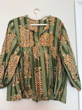 Green Striped Tiger Print Peasant Top